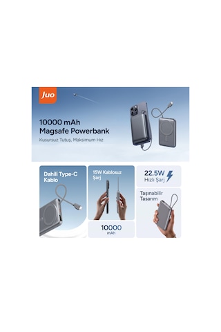 Juo 10000mah Magsafe Apple Watch Uyumlu 22.5w Kablolu 15w Kablosuz Powerbank Standlı Taşınabilir Hızlı Şarj Cihazı Gri