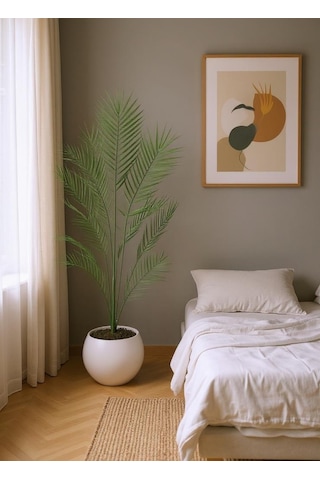 Yapay Ağaç 20 Yaprak Palmiye Ağacı Beyaz Küre Saksıda 130 60cm
