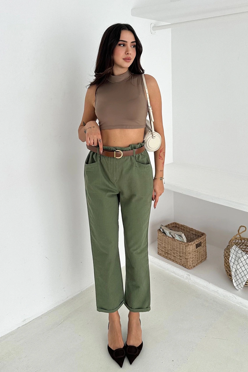 Yıkamalı Pamuk Yağmur Gabardin Yüksek Bel Pantolon Haki Haki