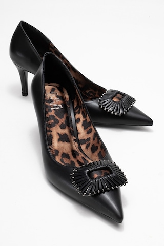 Great Siyah-siyah Desenli Tokalı Kadın Topuklu Ayakkabı Leopar - Siyah