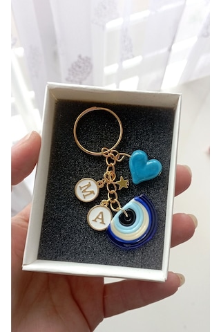 Murano Nazar Mavi Kalp Anahtarlık Kişiye Özel Tasarım