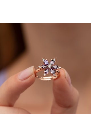 Gümüş Pazarım Ametist Taşlı Aster Çiçeği Gümüş Yüzük