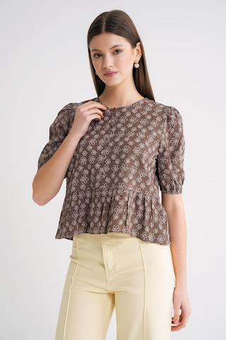 Mixray 4688 Kadın Balon Kol Çiçek Desenli Peplum Bluz Kahve