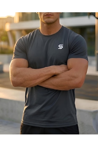 Sapeur Erkek Spor Tişört- Slim Fit Antrenman Üstü Gri