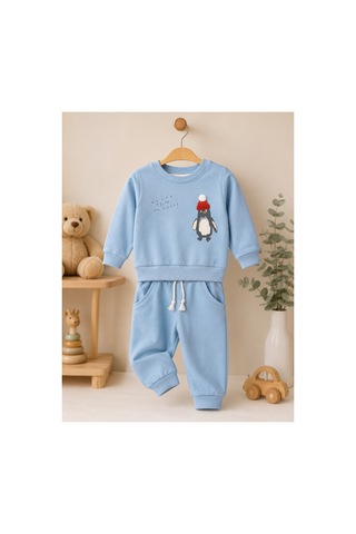 Omeca Concept Penguen Baskılı 2'li Erkek Çocuk Takımı Sweatshirt Ve Jogger Alt Günlük Bebek Eşofman Takımı mavi