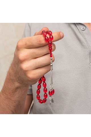 Gümüş Kırmızı Ateş Kehribar Tesbih Sl12465 Gümüş