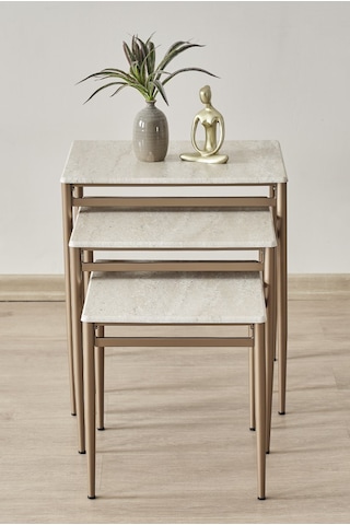 Damrin Serisi Traverten Desen 1. Sınıf Mebran Mdf 3 Lü Zigon Sehpa Takımı Traverten Desen - Bronz Ayak