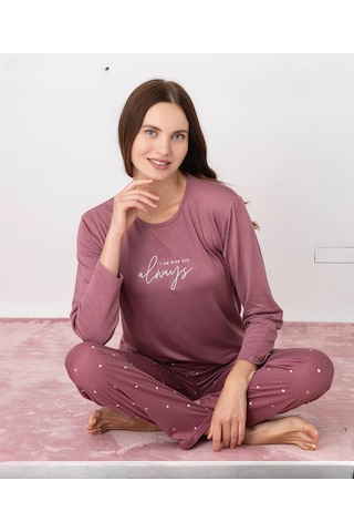 Pijamoni Kadın Milan Bisiklet Yaka Uzun Kol İnce Pijama Takımı 7600/37 - 1 Adet Gül Kurusu