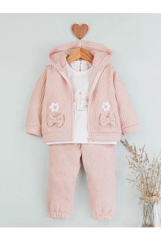 Baby Rose Kız Bebek Papatya Nakışlı Hırkalı 3lü Eşofman Takım-14922 Pudra
