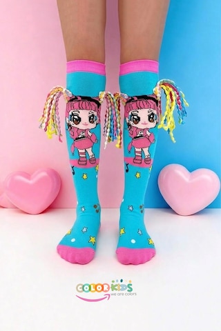 Color Socks 1 Çift Örgü Saç Desenli Animasyon Kız Çocuk Çorap Topuksuz Turkuaz
