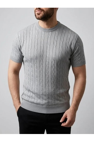 Vexor Erkek Yazlık Triko Dokuma Tişört Kısa Kol Bisiklet Yaka Örgü Desenli T-shirt - Gri