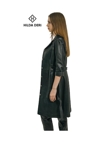 Hilda Deri Yarım Kollu Siyah Hakiki Deri Düğmeli Elbise Trençkot Diana 001