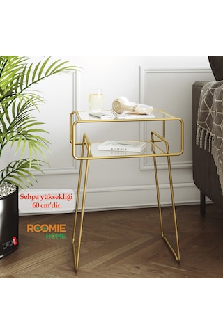 Catchme Retro Yan Sehpa. Metal Sehpa.Cam Sehpa.Salon. Yatak Odası Altın