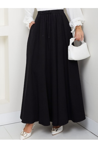 Beli Lastikli İpli Kot Kloş Etek Siyah Siyah