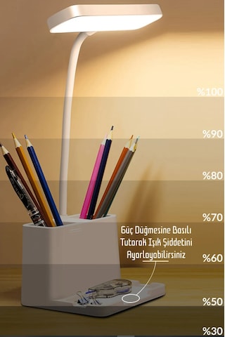 Şarjlı Masa Lambası - 3 Renk Dokunmatik Telefon Stantlı 460 Lümen Usb Şarjlı Göz Yormayan Işık Beyaz