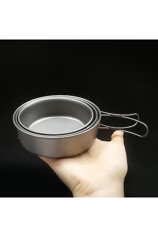 Açık Kamp Yürüyüş Pikniği İçin Katlanabilir Kulplu Ultralight Titanyum Yemek Kasesi Tavası 3pcs Gri