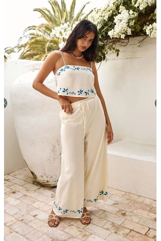 Yaz Desenleri İnce Askı Bluz Pantolon 2li Bohem Takım Beyaz