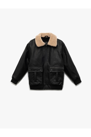 Koton Fermuarlı Peluş Yaka Cepli Bomber Deri Ceket Siyah 6wkb20007tw Siyah