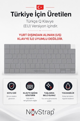 Novstrap Apple Macbook Neo 13 İnç A18 Çip A3404 İle Uyumlu Türkçe Q Gri Füme Silikon Klavye Koruyucu Kılıf