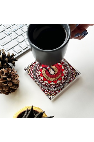 Cam Bardak Altlığı Modern Şahmeran 4'lü Takım Beyaz