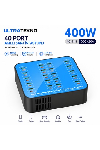 Ultratekno 40 Port Şarj İstasyonu 400w 20 Usb 20 Type-c Pd Multi Port Akıllı Hızlı Şarj Cihazı