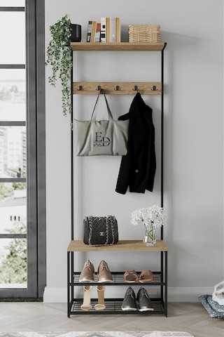 Ruby Vestiyer , Portmanto , Askılık , 3 Raflı Ayakkabılık , Siyah Metal - Atlantik Çam Tabla