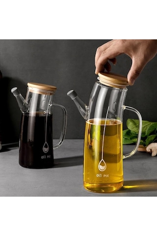 Bambu Kapklı Borosilikat Cam Yağlık & Sirkelik 1 Litre Isıya Dayanıklı & Sızdırmaz Tasarım Bambu Kapaklı Şeffaf Cam Yağdanlık 1000ml Acı Kahverengi
