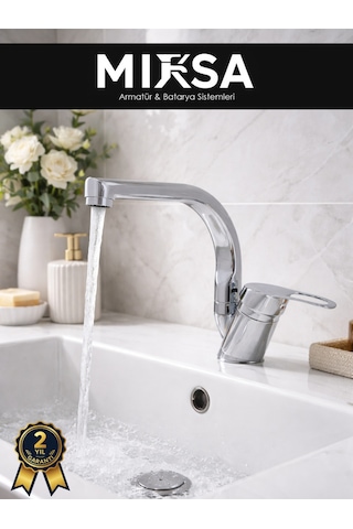 Balıksırtı Borulu Banyo Lavabo Bataryası, Musluğu, Çeşmesi Çift Su Girişli Krom