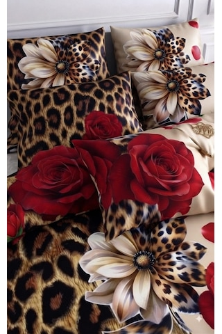 Özel Tasarım Marka Çift Kişilik Nevresim Takımı Organik Saten Pamuk Luxury Premium Cotton Kumaş 240 260 Cm Ranforce Deluxe Seri Leopar Desen Kalp Lotus Çiçek Genç Aşk Gül Açik Mavi