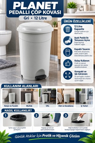 Planet Pedallı Çöp Kovası Gri 12 Lt 32,5x27x29 Cm