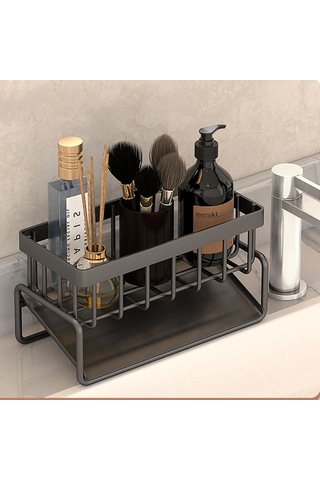 Maiyame Pratik Mutfak Lavabo Organizatörü - Paslanmaz Çelik, Gri, Otomatik Tahliyeli, Havlu Askılı Siyah