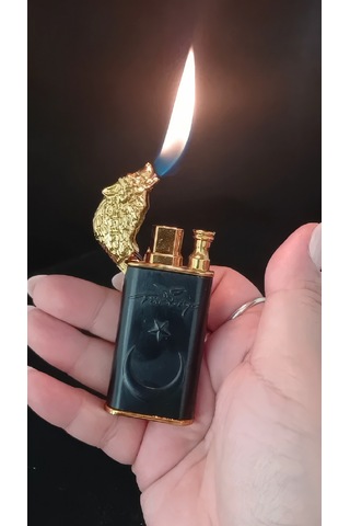 Mat Siyah Lüks Hediye Çakmak - Gold Kurt Figürlü Ay Yıldız Kabartmalı Çok Renkli