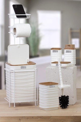 Okyanus Home Beyaz Ahşap Desenli Luna Kare Yedekli Wc Kağıtlık Ve 6 Parça Banyo Seti