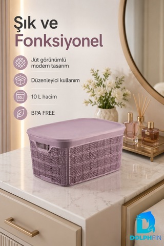 Jute Kapaklı Saklama Kutusu 18 L Plastik Mutfak Kiler Dolap İçi Organizer 31x43x19,5 Cm Mor