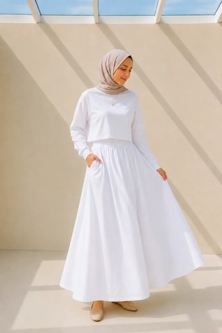 Kadın Beyaz Cepli Beli Lastikli Poplin Uzun Etek