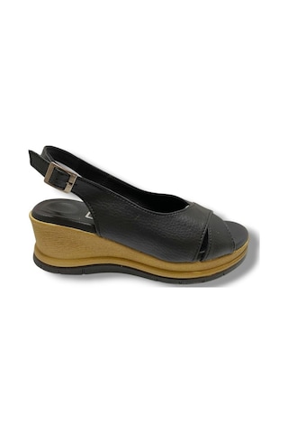 C-shoes Ka06-25 Deri Anatomik Dolgu Topuk Kadın Sandalet Siyah