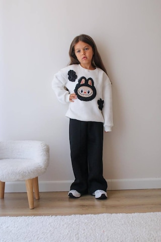 Kız Çocuk 3 İplik Şardonlu Peluş Baskı Detaylı Sweatshirt - Eşofman Alt Üst Takım Siyah Beyaz