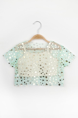 Le Mabelle Mint Yıldız Baskılı Kısa Kollu Kız Çocuk Tül Crop Mint