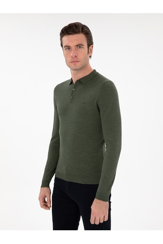 Cacharel Haki Slim Fit Yün Karışımlı Polo Yaka Basic Triko Kazak Yesıl