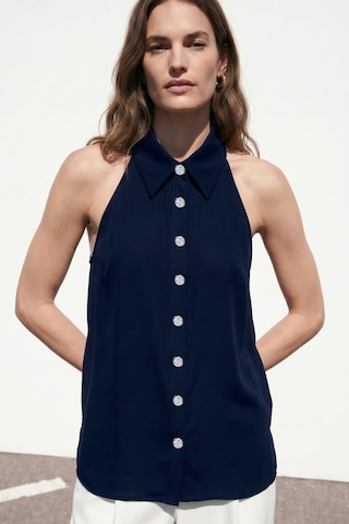 Sateen Halter Yaka Gömlek - Lacivert-137485