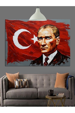 Türk Bayrağı Önünde Atatürk Dekoratif Kanvas - Mdf Ahşap Tablo