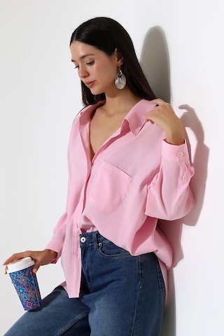 Ribana Classic Tek Cep Modal Oversize Kadın Gömlek Pembe