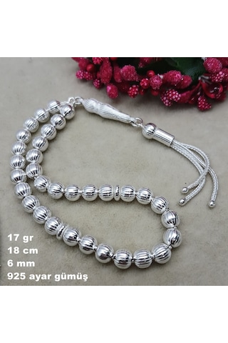 925 Ayar Gümüş Tesbih Yuvarlak Kesim Çizgili Model Küçük Boy
