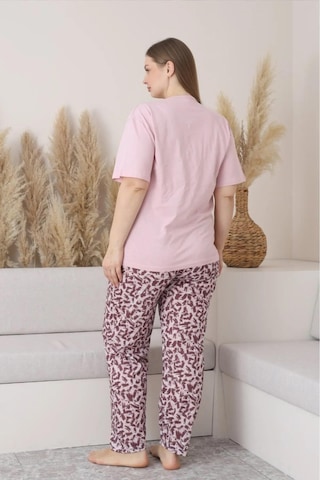 Sude Kadın Büyük Beden Düğme Yaka Penye Kısa Kol İnce Pijama Takımı P146 - 1 Adet Pembe