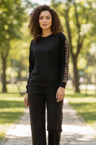 Trend Alisse Bisiklet Yaka Leopar Garnili Esnek Cepli Modal Takım Siyah