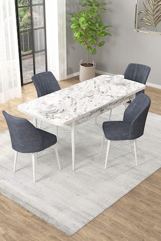 Arel Beyaz Mermer 80x132 Açılabilir Mdf Masa Yemek Odası Takımı, Mutfak Takımı 4 Adet Sandalye Beyaz Mermer - 4 Füme - Beyaz Ayak