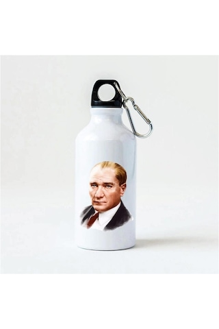 Kişiye Özel Atatürk Tasarımlı Kancalı Alüminyum Beyaz Su Matarası - 600mlt Çok Renkli