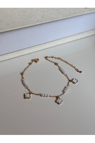 İnci Boncuklu Beyaz Çiçek Figürlü Altın Renk Kadın Halhal Altın