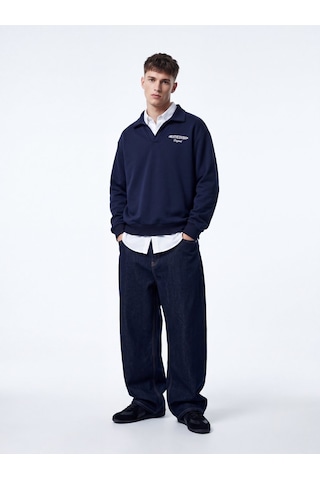 LTB Regular Fit V Yaka Yazı Baskılı Lacivert Sweatshırt