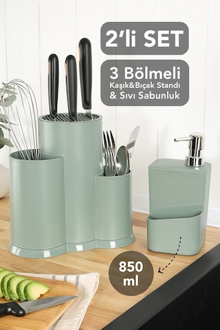 2'li Mutfak Seti - Tezgah Üstü Bölmeli Kaşıklık Bıçaklık Ve Süngerlik Bölmeli Sıvı Sabunluk Yeşil Yeşil